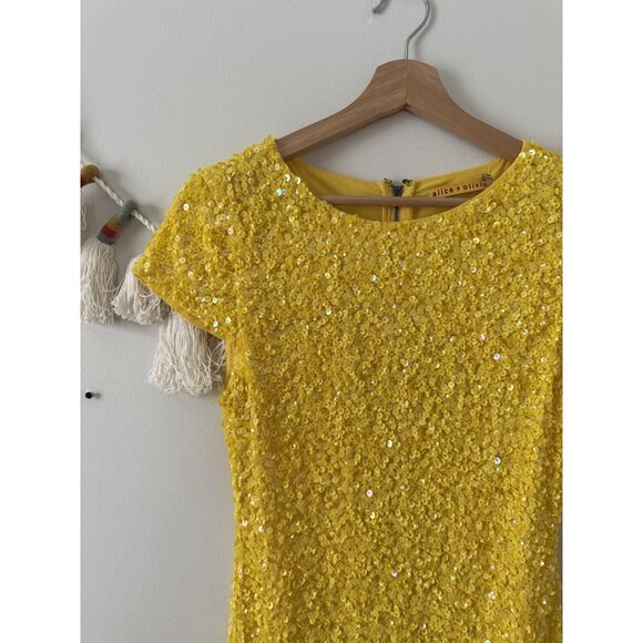 Alice & Olivia Sequin Yellow Aline Mini Dress Party Elegant Glam Wedding 4 - Picture 5 of 9